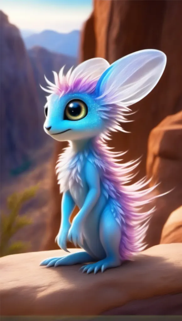 The image shows a small, furry creature with large, rabbit-like ears and a long tail. The creature is blue with purple and pink highlights and has big, round, yellow eyes. It is standing on a rock in front of a canyon. The canyon is filled with red rocks and there is a blue sky with white clouds in the background. The creature is looking at the viewer with a curious expression.