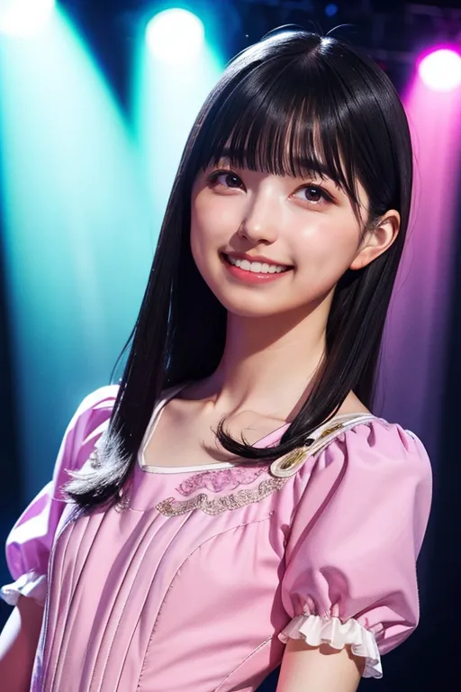 This is a photo of a young Japanese woman with long black hair and bangs. She is wearing a pink dress with white lace trim. She is smiling and looking at the camera. She is standing in front of a dark blue background with spotlights shining on her.