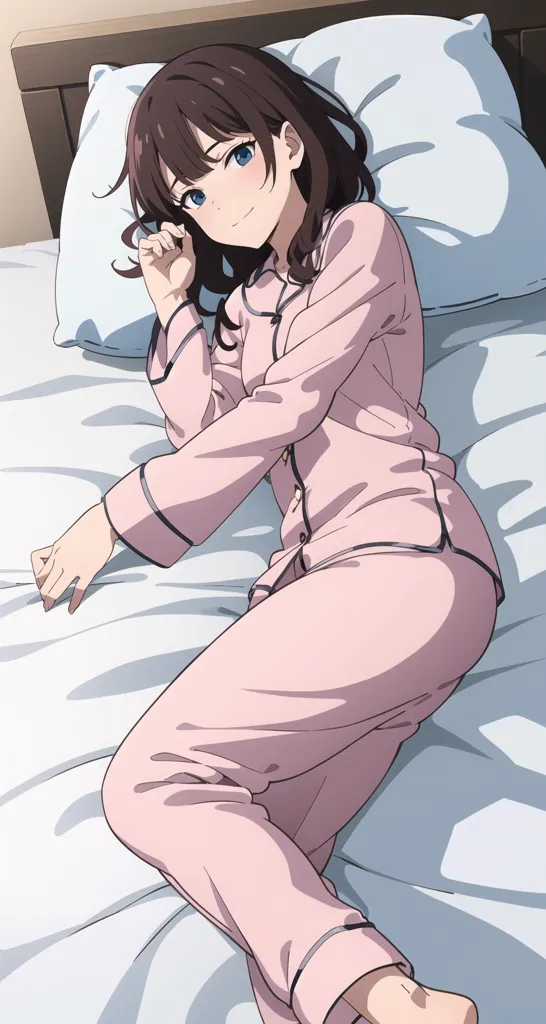 A girl in pink pajamas is lying on a bed. She has brown hair and blue eyes. She is smiling and has her hand on her cheek. She is wearing a white T-shirt and pink pants. The bed has a white sheet and a blue pillow. The girl is looking at the viewer.