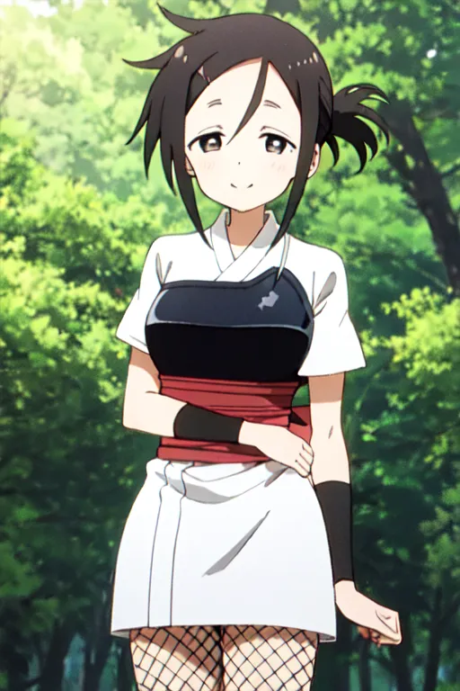 This image shows an anime-style girl with a ponytail, wearing a white and black outfit with a red sash and fishnet stockings. She has a happy expression on her face. The background is a blurred forest scene with green trees.