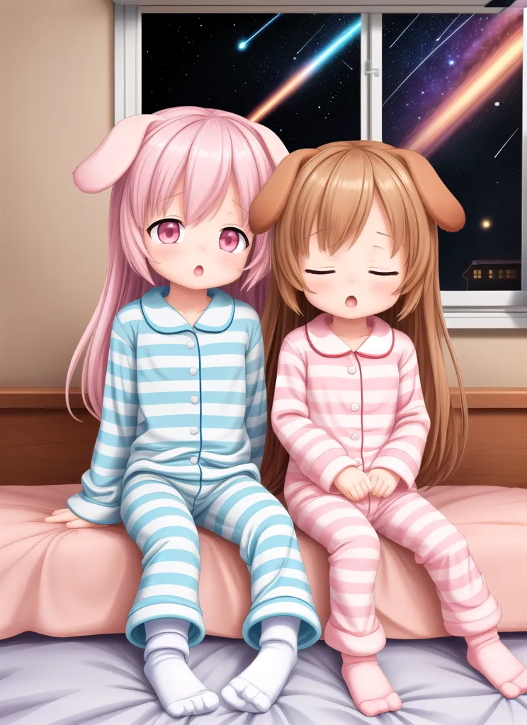 The image shows two anime girls in their pajamas sitting on a bed. The girl on the left has pink hair and is wearing a blue and white striped pajama. She has a worried look on her face. The girl on the right has brown hair and is wearing a pink pajama. She has her eyes closed and a peaceful look on her face. There is a window behind them with a view of a starry night sky.