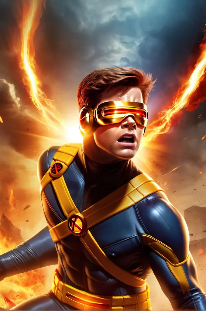 This image shows a young man wearing a yellow and blue superhero costume. He has brown hair and blue eyes, and he is wearing a pair of yellow sunglasses. He is standing in a dramatic pose, with his arms outstretched and his eyes wide open. There are flames coming out of the background behind him.