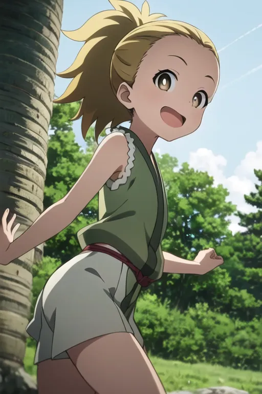 The image shows an anime girl with blonde hair and brown eyes. She is wearing a green sleeveless shirt and white shorts. She has a ponytail and is smiling. She is standing in a forest and there is a large tree next to her.