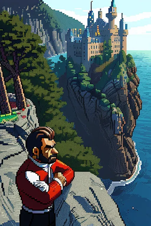 The image shows a man with brown hair and beard, wearing a red jacket and white shirt, standing on a cliff overlooking the sea. The man is looking down at the water. There is a castle on a cliff in the distance. The sky is blue and there are some clouds in the sky. The water is a deep blue color. The cliff is covered in green grass and trees. There is a path on the cliff that leads to the castle.