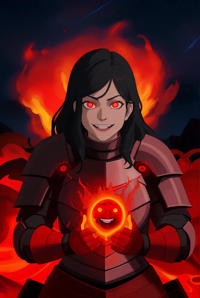 This is an image of Azula from Avatar: The Last Airbender. She is wearing a red and gray armor and has a fire symbol on her chest. Her hair is black and her eyes are red. She is smiling and holding a fireball in her hands. There is a dark red background with fire surrounding her.