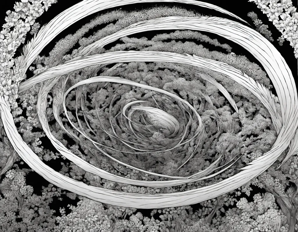 The image is a black and white drawing of a tornado. The tornado is made up of a funnel of tightly packed trees. The trees are all different sizes and shapes, and they are all twisted and contorted. The tornado is surrounded by a swirling mass of leaves and branches. The image is very detailed, and it gives the impression of being a real photograph.