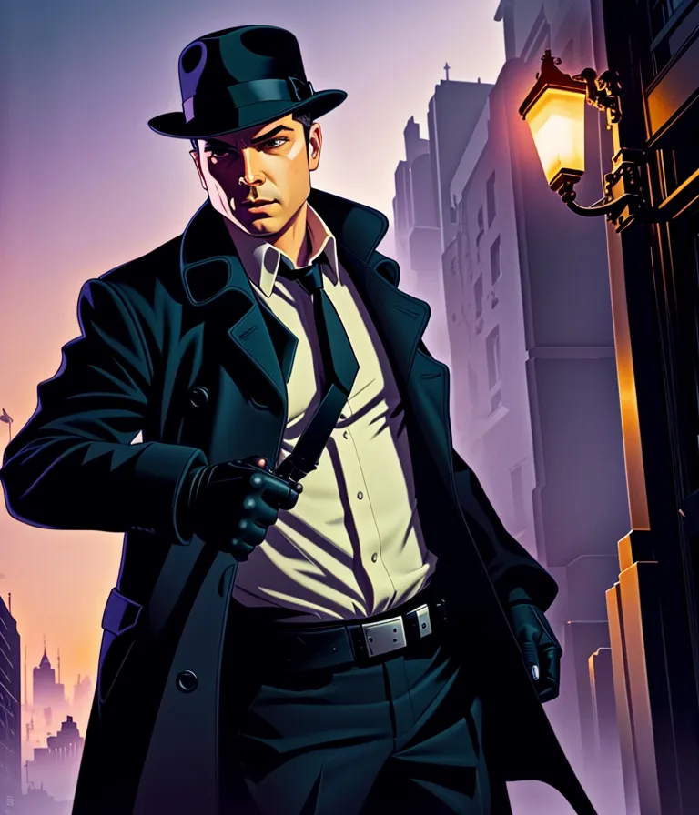 The image shows a man wearing a black fedora hat, black trench coat, white shirt, and black tie. He is standing in a dark alleyway with a street lamp in the background. The man is holding a knife in his right hand. He has a serious expression on his face. He looks like a detective or a spy.