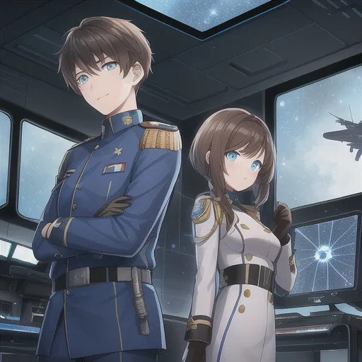 This is an image of two anime characters in a spaceship. The boy has brown hair and blue eyes, and he is wearing a blue uniform with a white collar. He has a serious expression on his face. The girl has brown hair and blue eyes, and she is wearing a white uniform with a blue collar. She has a determined expression on her face. There is a large window behind them showing outer space.