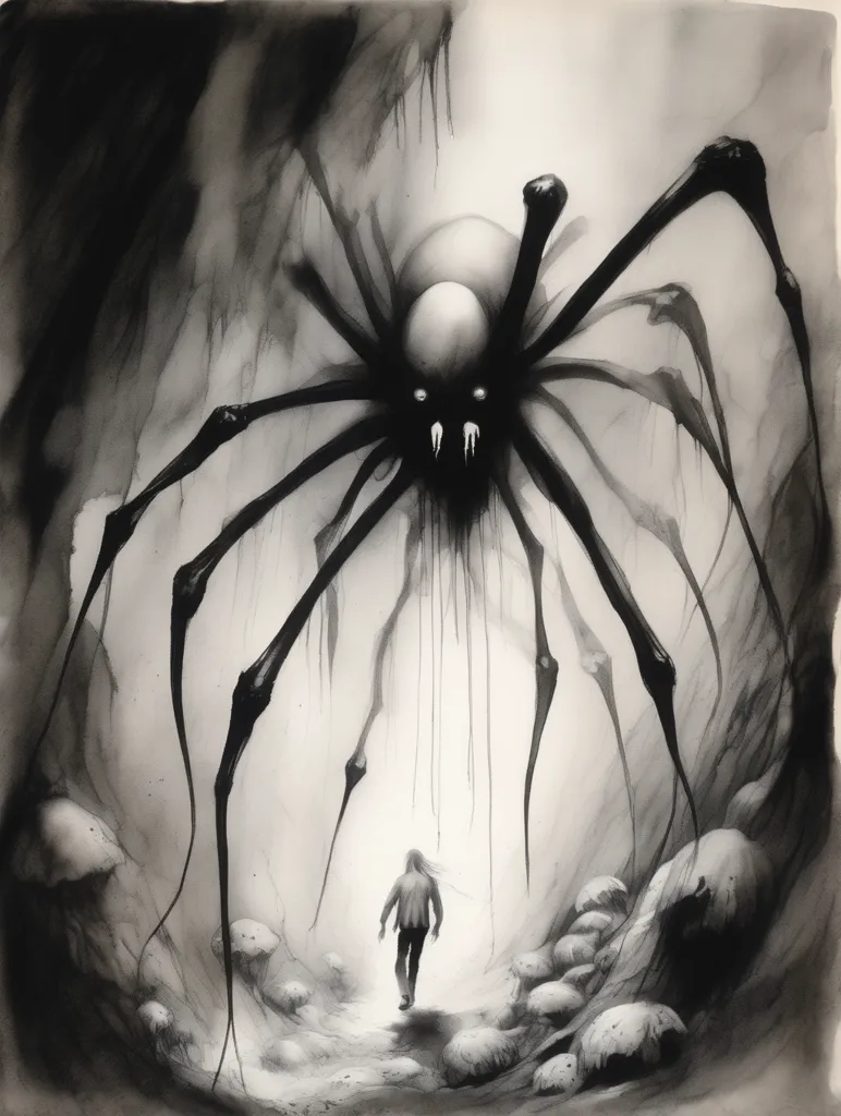 The image is a black-and-white drawing of a giant spider in a cave. The spider has a large, round body and long, spindly legs. Its eyes are glowing white, and its mouth is open, showing sharp teeth. The spider is standing in front of a human, who is walking away from it. The human is small and frail, and they look terrified. The cave is dark and gloomy, and the only light comes from a small hole in the ceiling. The image is full of suspense and terror, and it is clear that the human is in great danger.