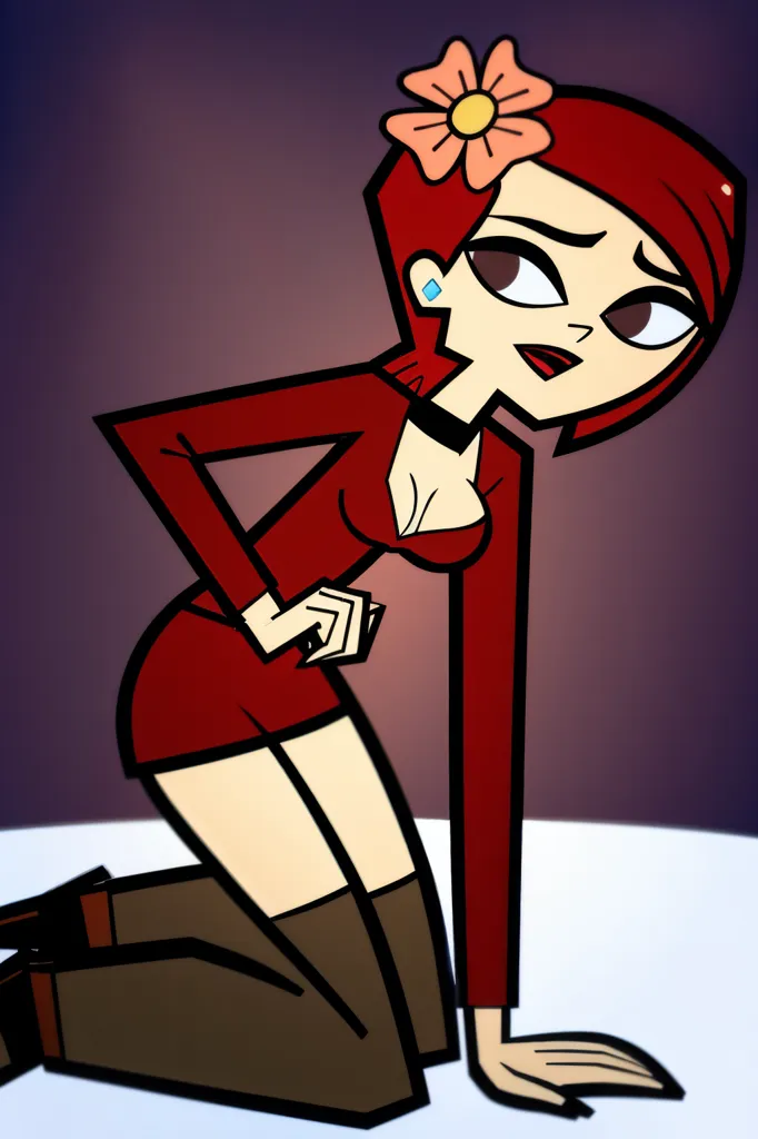 The image is of a woman with red hair and blue eyes. She is wearing a red dress with a white collar. She is also wearing brown boots. She is in a seductive pose.