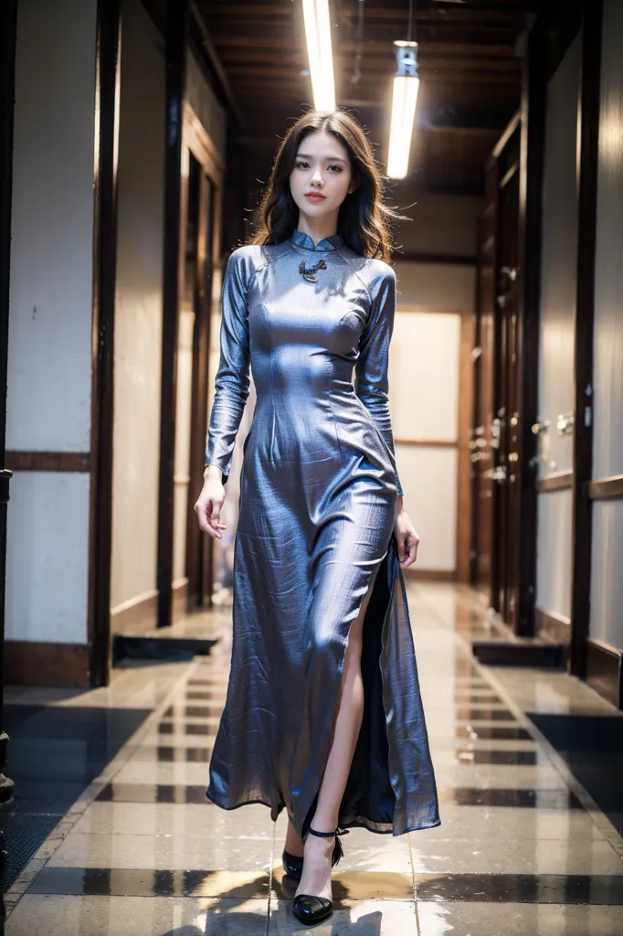 The photo shows a woman wearing a silver cheongsam (qipao) with a high collar and long sleeves. The dress has a slit at the side that shows off her legs. She is wearing black high heels. Her long dark hair is flowing down her back. She is standing in a long hallway with dark wood doors on either side.