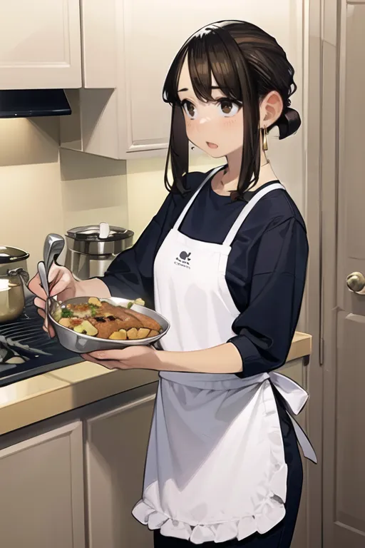 The picture shows a young woman in a black shirt and white apron cooking in a kitchen. She has long brown hair and brown eyes. She is holding a frying pan with a spatula. There is a pot on the stove behind her.