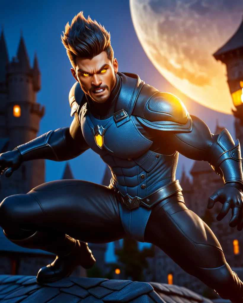 This is a picture of a superhero. He is wearing a black and blue suit. The suit has yellow highlights. He is also wearing a yellow utility belt. He has brown hair and yellow eyes. He is standing on a rooftop. There is a full moon in the background. He looks like he is ready to fight.