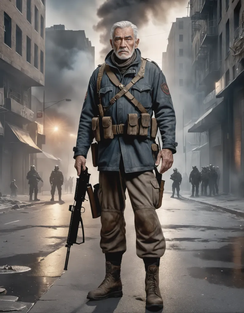 The image shows an older man with gray hair and a beard, dressed in military gear, including a blue jacket, brown pants, and boots. He is armed with a rifle and is standing in a war-torn city. The background of the image is a destroyed city with smoke and debris everywhere. There are also soldiers in the background. The man has a determined look on his face, and it is clear that he is ready to fight for what he believes in.