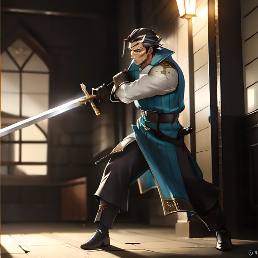 This is an image of a man in a blue and white outfit holding a sword. He is standing in a fighting stance, ready to attack. He has a determined look on his face. He is wearing a blue vest with white sleeves and black pants. He is also wearing a brown belt and a brown shoulder bag. He has a sword in his right hand and is holding it with both hands. The sword is pointed forward and he is ready to strike.