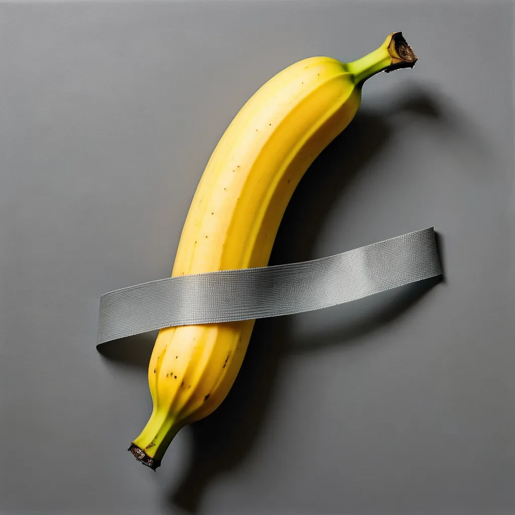 This is a photo of a banana on a gray background. The banana is slightly curved and has a small brown stem at the top. There is a single piece of gray duct tape wrapped around the center of the banana.