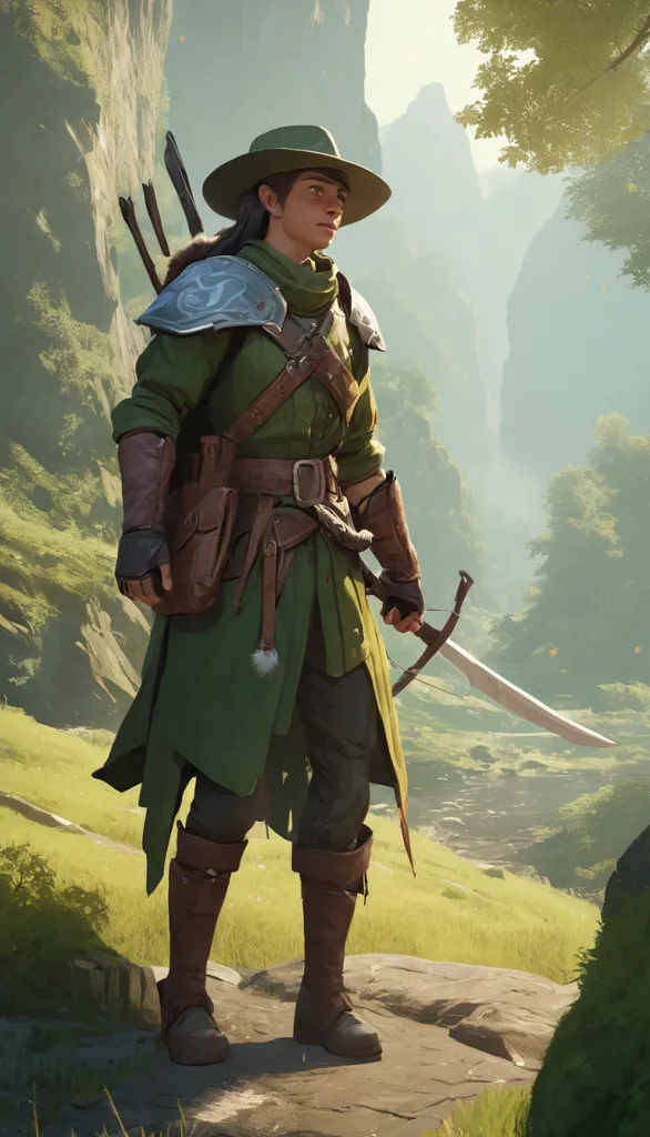 This image shows a person standing in a field, holding a bow and arrow. They are wearing a green shirt, brown pants, and a brown hat. They have a quiver of arrows on their back and a sword on their hip. There are trees and mountains in the background.