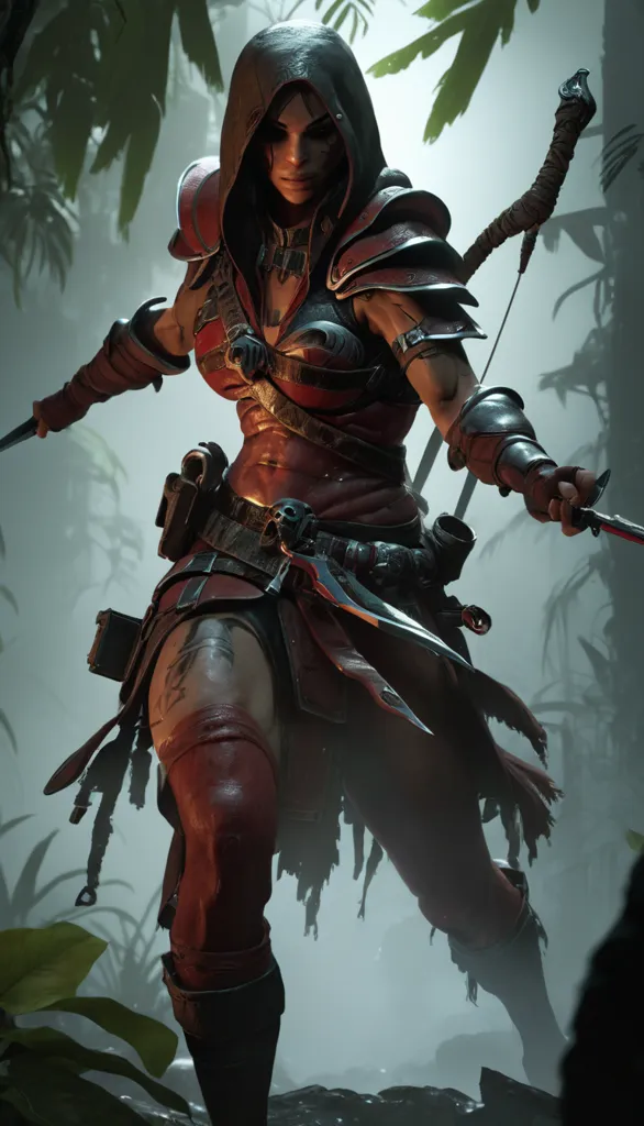 This image shows a female warrior in a red and brown outfit. She is standing in a forest, with green leaves and vines in the background. She has a bow and arrow, and a knife in her hand. She is looking to the left, with a determined expression on her face.