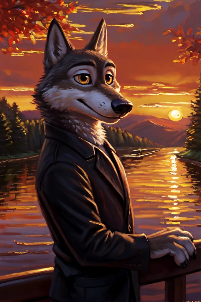 The image is of a muscular wolf with brown fur and yellow eyes. It is wearing a black suit and leaning on a wooden railing. The background is a sunset over a lake, with mountains in the distance. The wolf is looking to the right of the frame, at the sunset.