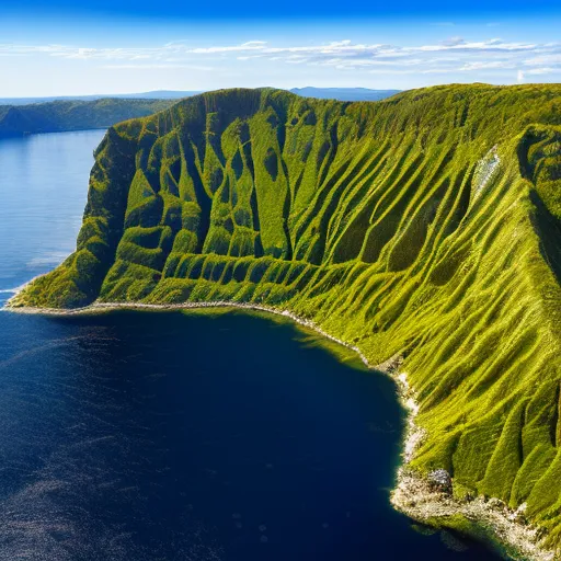 The image shows a tall, green cliff face rising up from the ocean. The cliff is covered in lush vegetation, and there is a small inlet to the left of it. The water in the inlet is a deep blue color, and it is surrounded by a white sand beach. The sky is clear, and there are a few clouds dotting the horizon. The cliff is very tall and steep, and it looks like it would be very difficult to climb. The image is very beautiful, and it captures the power and beauty of nature.