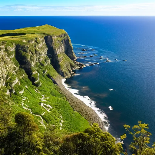 The image shows a costal cliff. The cliff is covered in green grass and there is a blue ocean below. The cliff is very tall and there are some large waves crashing against it. There is a clear blue sky with a few white clouds in the background.