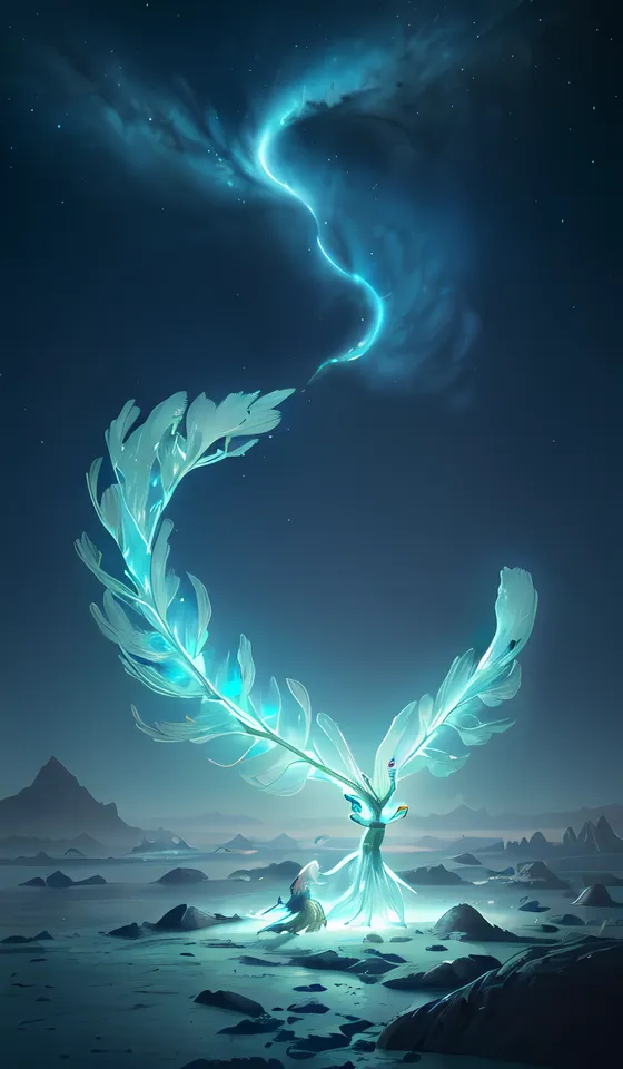 The image is of a glowing, blue-green phoenix rising from the ground. The phoenix is surrounded by a dark background with bright, white stars. The phoenix's wings are made of feathers that resemble leaves, and its body is a light blue color. The phoenix's head is raised, and it seems to be looking at something off-screen. The image is very detailed, and the colors are vibrant and lifelike.