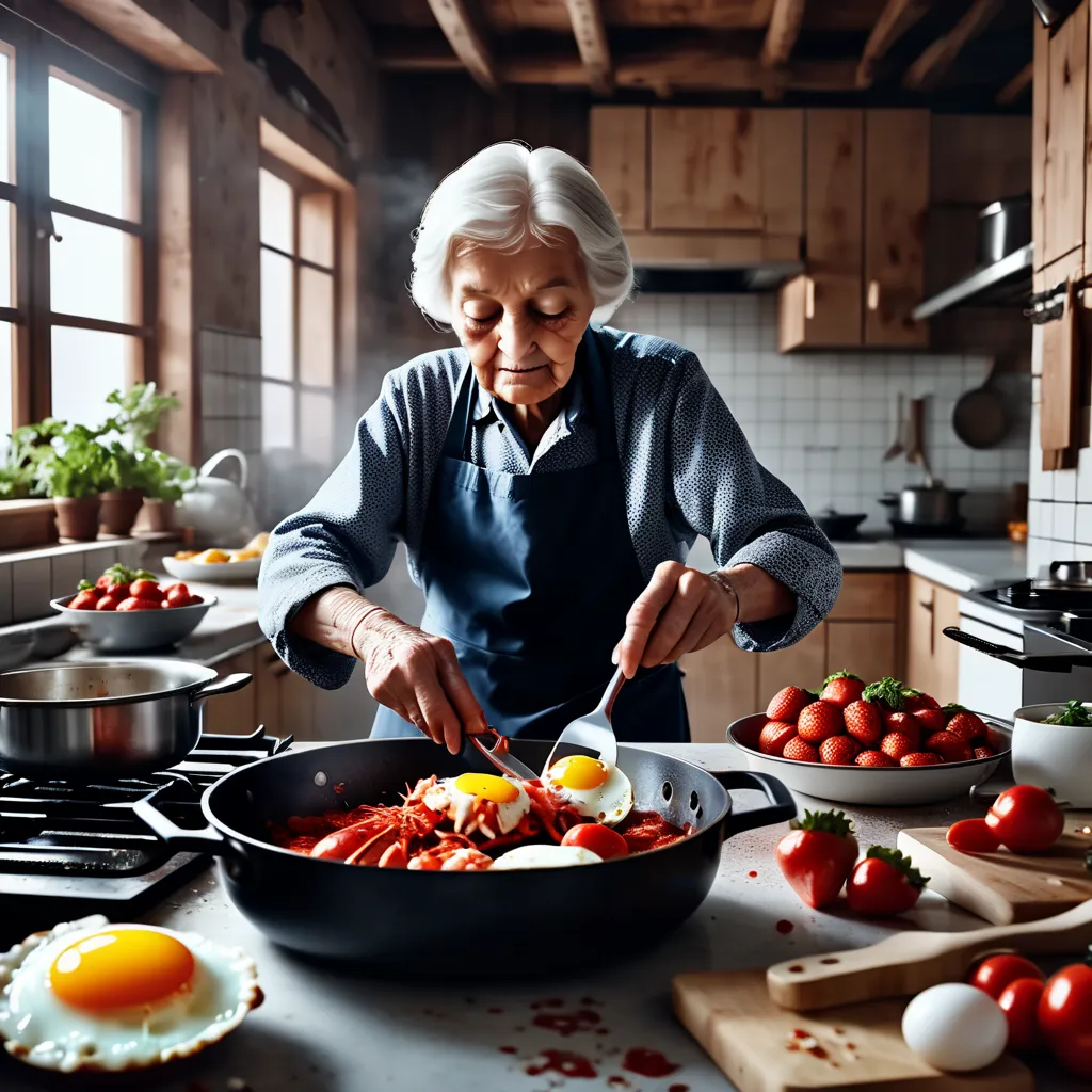 The photo shows an elderly woman cooking in a kitchen. She is wearing a blue apron over a long-sleeved gray shirt. The woman is standing at a stove, and she is using a spatula to flip an egg in a frying pan. There are also two plates of food on the stove. One plate has two eggs and the other has sliced strawberries. There is another pan on the stove with what looks like shrimp in a tomato sauce. The woman is looking at the food in the pan. She has short gray hair. The kitchen is rustic and there are several windows in the background.