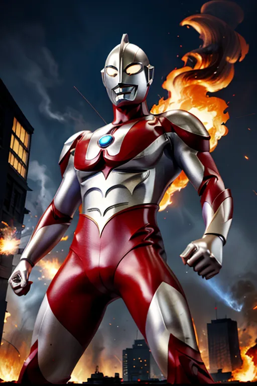 The image shows a superhero standing in a city. He is wearing a red and silver suit with a blue crystal on his chest. He has a red cape and a silver helmet with a visor. The city is on fire and there are explosions in the background. The superhero is looking at the camera with a determined expression.