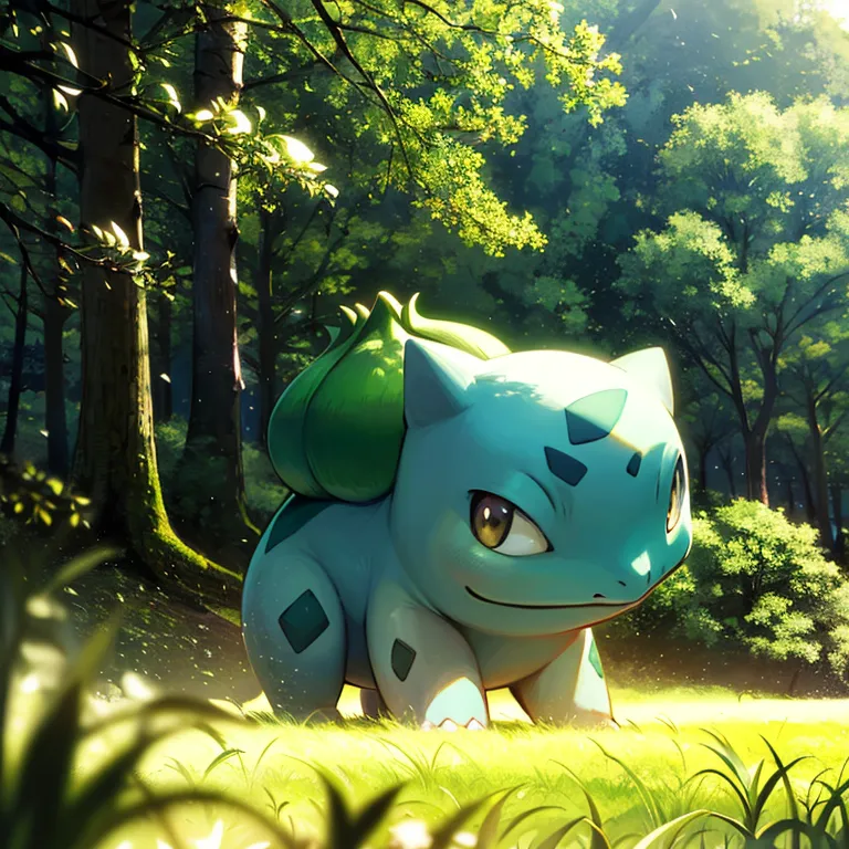 The image is of a Pokemon character. It is a small, blue, dinosaur-like creature with a large head and a long tail. It has green eyes and a friendly expression on its face. It is standing in a forest, surrounded by tall trees. The sun is shining through the trees, creating a dappled pattern on the ground. The Pokemon is looking at the viewer with a curious expression.