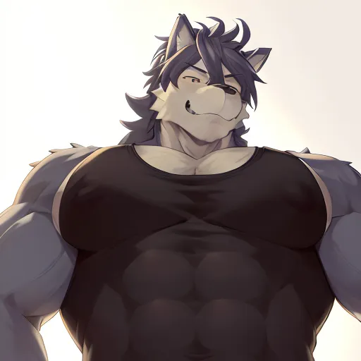 The image is of a muscular wolf furry with dark fur and light grey hair. He is wearing a black tank top and has a confident expression on his face. He is standing with his arms crossed and is looking down at the viewer. His muscles are bulging and his fur is matted. He has a large knot on his forehead and his eyes are glowing red.