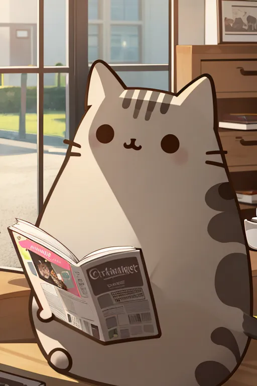 The image shows a cute cartoon cat sitting on a table and reading a newspaper. The cat is gray and white, with big round eyes and a pink nose. It is wearing a blue collar with a bell. The newspaper is called \