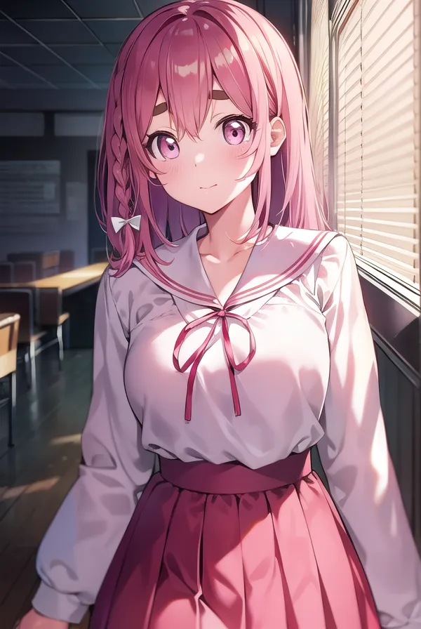 The image shows a young girl with pink hair and purple eyes. She is wearing a white blouse and a pink skirt. The blouse has a pink bow at the collar. The girl is standing in a classroom. There are empty desks and chairs in the background. The girl is looking at the viewer with a shy smile on her face.