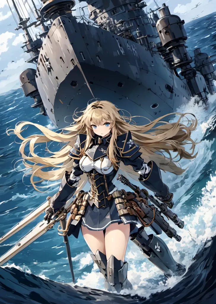 The image is of a blonde anime girl standing on the deck of a warship. She is wearing a white and blue military-style outfit and is carrying a sword and a gun. The warship is large and grey, and there are waves crashing against its side. The girl is looking at the viewer with a determined expression.