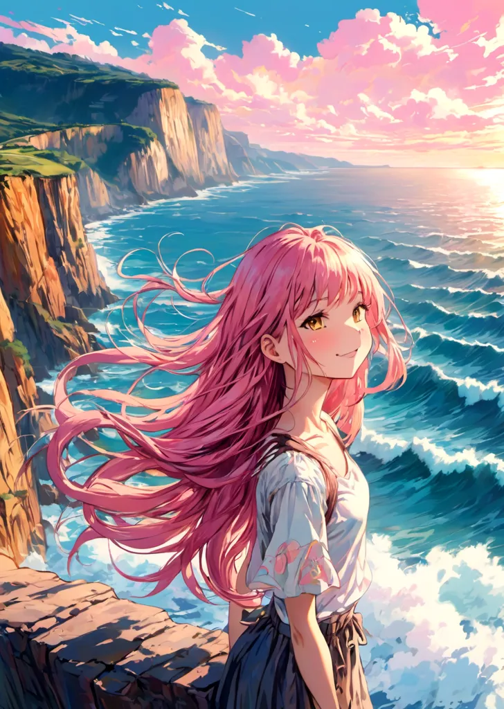 An anime-style girl with pink hair is standing on a cliff overlooking the ocean. She is wearing a white shirt and a gray skirt. The wind is blowing her hair around. The sky is blue and there are some clouds in the sky. The ocean is rough and there are some waves crashing against the cliff.