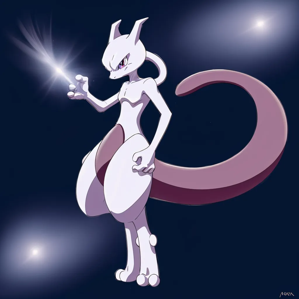 This is an image of a Pokemon. It is a bipedal, feline-like creature with mostly white fur. It has a long, purple tail and purple eyes. It is standing on its hind legs and has its right arm outstretched. It is holding a small, glowing orb of energy in its right hand. The background is dark blue with some small, white stars.