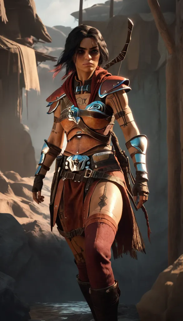 This is an image of a female warrior. She is wearing a metal bikini top and a brown skirt. She is also wearing a quiver of arrows on her back and has a bow in her hand. She is standing in a desert setting, and there are ruins in the background. The warrior is looking to the left of the frame, and she has a determined expression on her face.