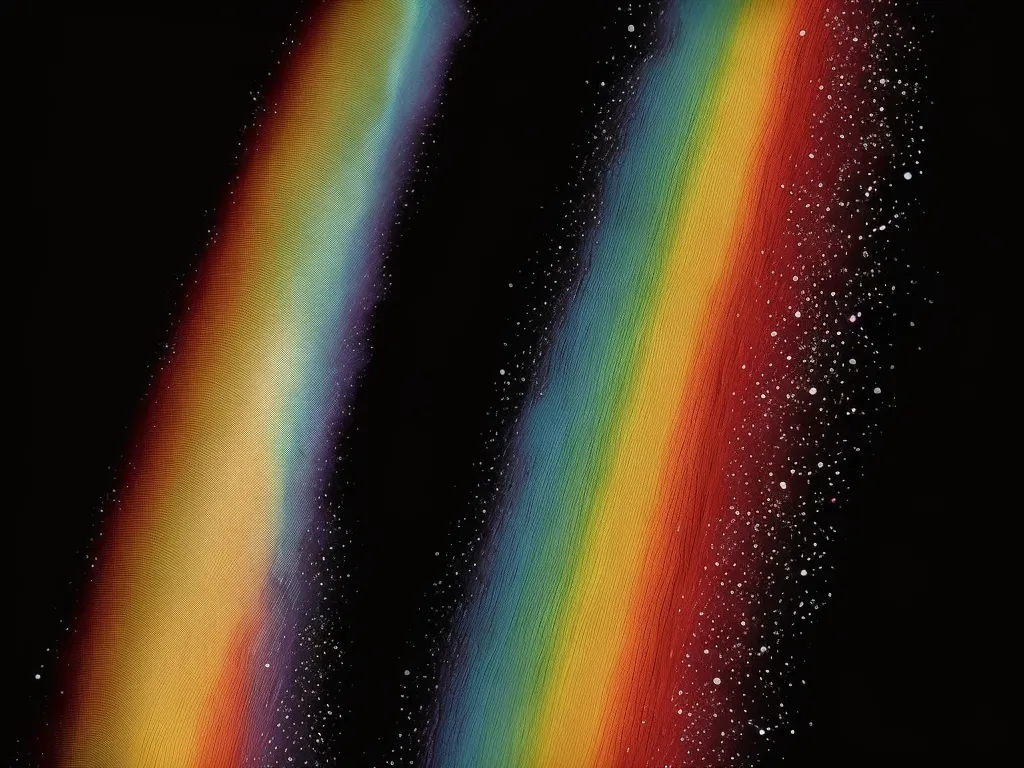 The image is of two parallel vertical rainbows on a black background. The rainbows each have a bright center and fade out at the edges. The colors are red, orange, yellow, green, blue, indigo, and violet. The rainbows are surrounded by tiny white dots.