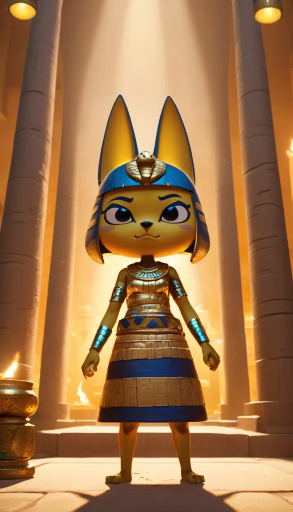 This image shows a character from the Animal Crossing video game series. The character is a cat wearing an Egyptian-style outfit, including a headdress with a cobra on it, a golden collar, and a blue and gold dress. She is standing in a room with tall columns and a glowing light in the background.