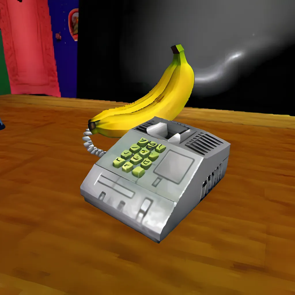 This is a picture of a banana on top of an old fashioned rotary dial telephone. The banana is yellow and has a brown stem. The telephone is gray and has a dial for inputting the number on the hand-held receiver in which one listens and talks into. The telephone is sitting on a wooden table or surface. There is a wall in the background with two doors. One door is red and the other is blue. The floor is brown.