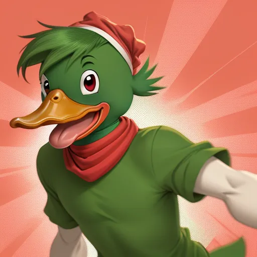 This is an image of a duck with green feathers and a yellow beak. It is wearing a red beanie and a green shirt with a red scarf. The duck has its mouth open and its tongue is hanging out. It looks like it is excited or having fun. The background is a pink and red gradient with white lines radiating out from the center.