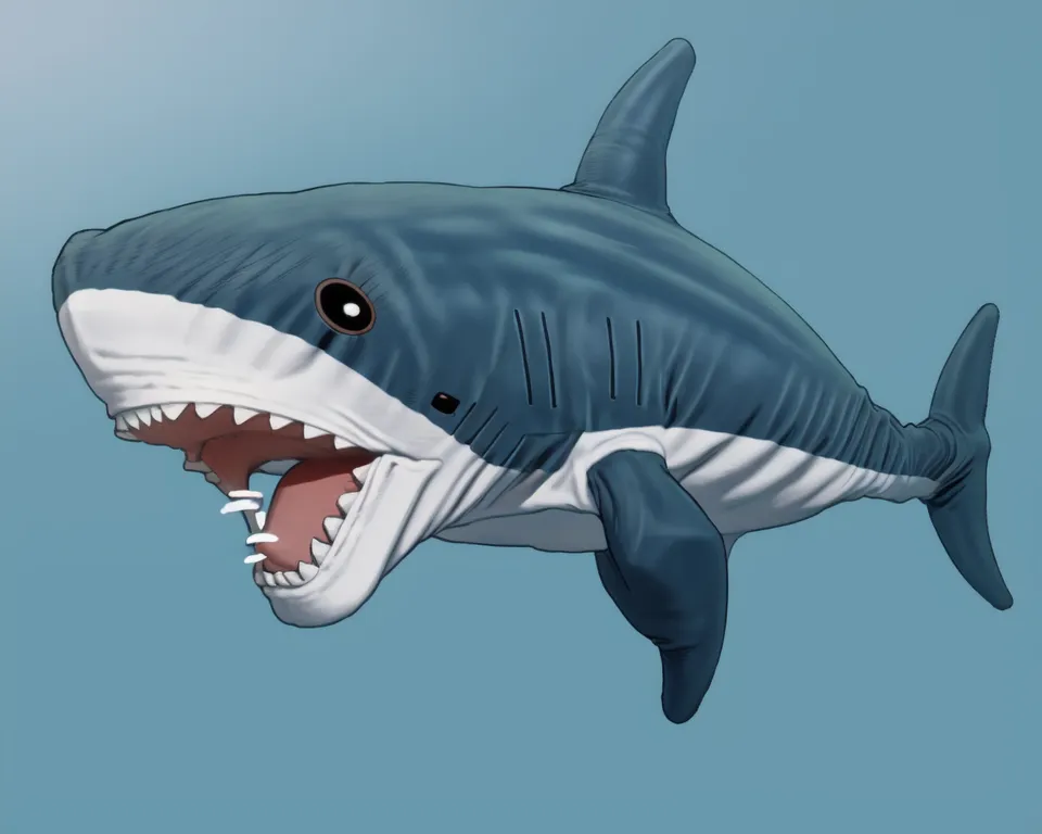 The image shows a cartoon shark. It has a big open mouth with sharp white teeth. Its body is blue and white. It has a large fin on its back and two smaller fins on its chest. The shark is facing the left of the image.