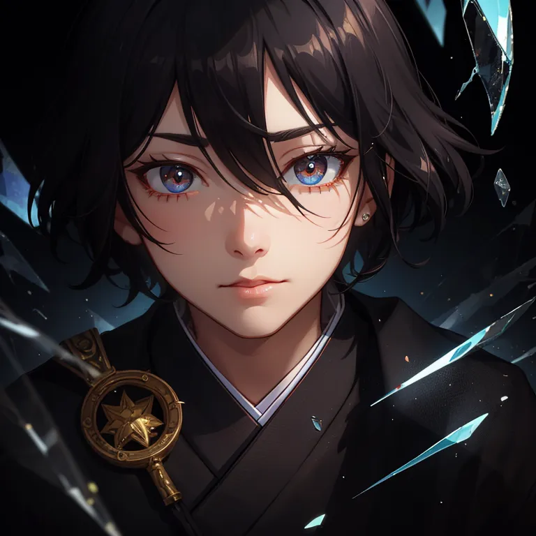 This is an image of a young woman with short black hair and blue eyes. She is wearing a black kimono with a white obi. There is a gold and silver ornament hanging from her obi. She has a serious expression on her face. There are pieces of shattered glass floating around her.