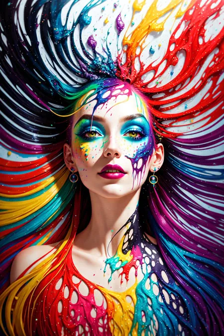 The image is a portrait of a woman with long, flowing hair. The hair is rainbow-colored, with each strand a different color. The woman's face is also covered in paint, with her right eye being completely covered. She is wearing a black dress. The background is white.