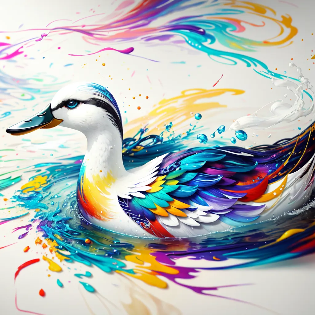 The image contains a duck. The duck is mostly white, but its wings are a rainbow of colors, including blue, green, yellow, orange, and purple. The duck is swimming in a pool of water. The water is also a rainbow of colors. The duck is facing to the left of the viewer. The duck is surrounded by colorful splashes of paint.