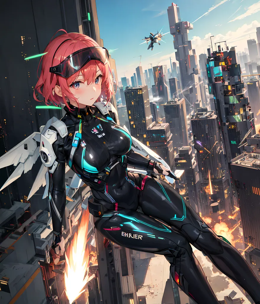The image shows a female character with pink hair and blue eyes. She is wearing a black and blue bodysuit with a white cape and wings. She is also wearing a pair of goggles. The character is sitting on a building in a futuristic city. There are other buildings in the background and a flying vehicle in the top right corner. The sky is blue with some clouds.