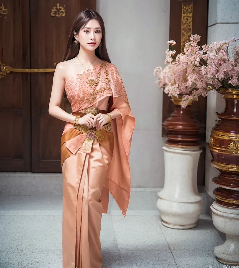 The image shows a young woman wearing a traditional Thai dress. The dress is made of a peach-colored silk and has intricate gold and brown embroidery. The woman is also wearing a traditional Thai headdress and jewelry. She is standing in front of a door and there are pink flowers in the background.