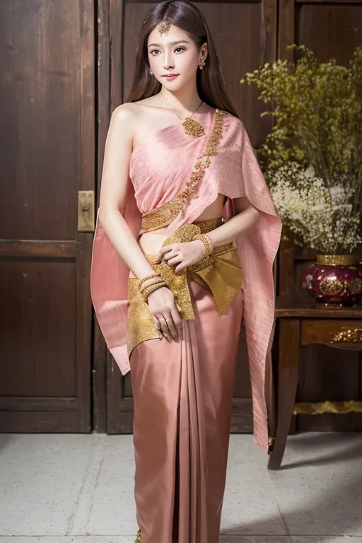 The image shows a woman wearing a traditional Thai dress called a sabai. The sabai is a long piece of cloth that is wrapped around the body and secured with a belt. The woman in the image is wearing a pink sabai with a gold belt. She is also wearing a traditional Thai hairstyle and makeup.