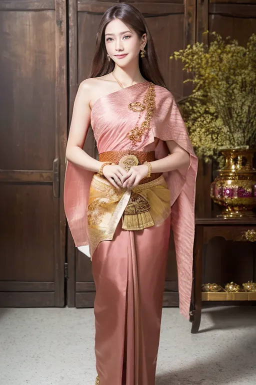 The image shows a Thai woman wearing a traditional Thai dress called a sabai. The dress is made of a pink silk fabric and is decorated with gold and silver thread. The woman is also wearing a traditional Thai headdress and jewelry.