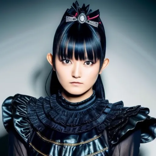 This is a picture of a young Japanese woman with long black hair and bangs. She is wearing a black leather outfit with a white collar and a black bow in her hair. She has a serious expression on her face.