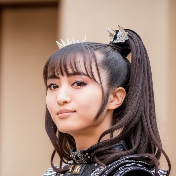 This image shows a young Japanese woman with long dark hair and bangs. She is wearing a black leather jacket with silver studs and a high ponytail with a silver crown-shaped hair accessory. She has a small smile on her face and is looking at the camera.